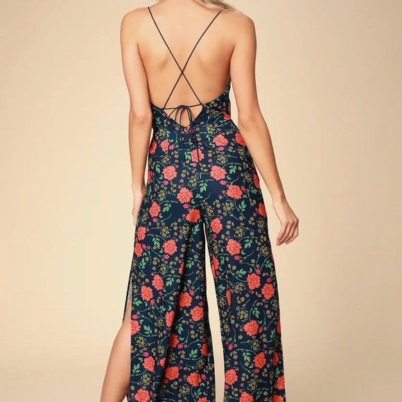 Hana Navy Blue Floral Print Backless Wide-Leg Jumpsuit - Picture 2 of 9